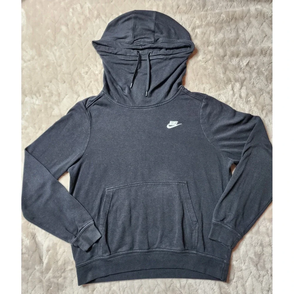 Nike Womens Black Funnel Cowl Neck Pullover Hoodie White Logo Medium